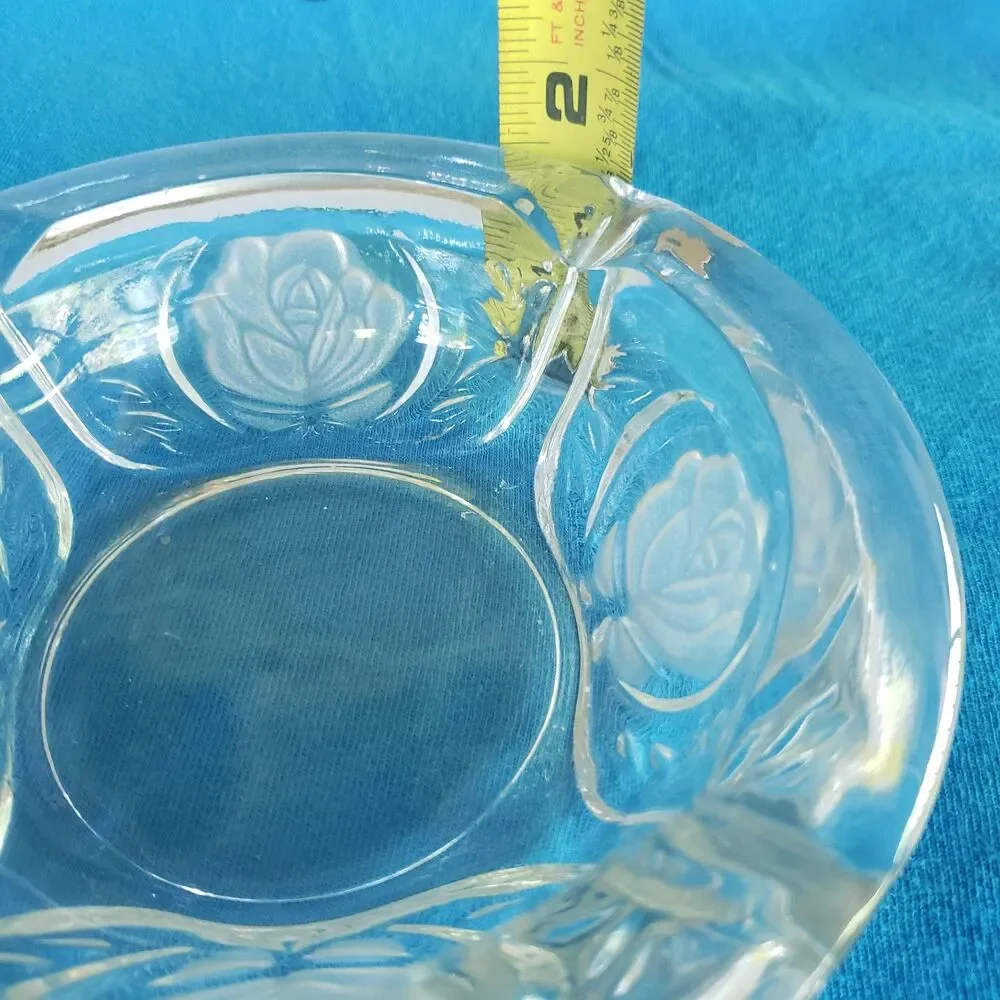 Vintage Clear Glass Frosted Rose Ashtray 4 Rest Pressed Glass Floral Dish 5.5
